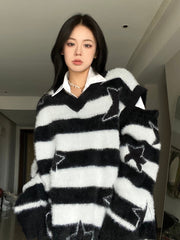 Punk Gothic  Furry Knitted Sweaters Y2K Streetwear Loose Hollow Out Detachable Pullovers Harajuku