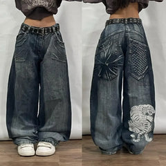 Skull Print Wide Leg Jeans Women Oversized Hip Hop Denim