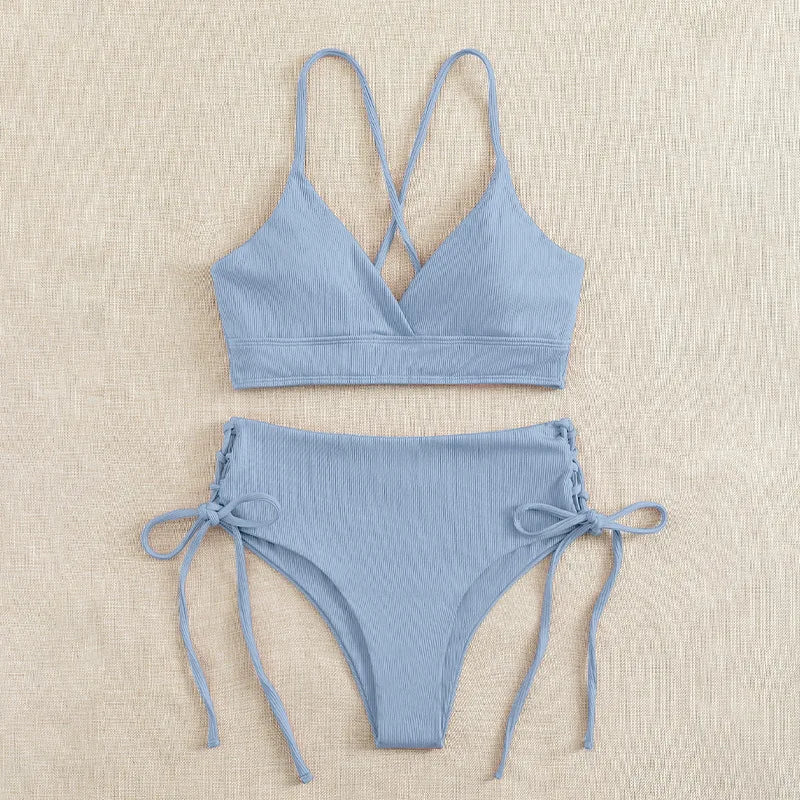 Cikini V-Neck Lace Up Bikini - Solid Color Swimwear