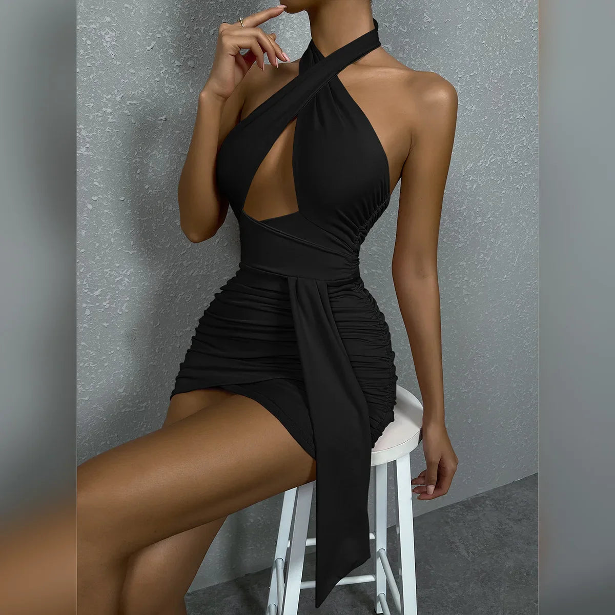 Cross Night Club Dress Backless Cut-out Pleated Mini Party Sleeveless