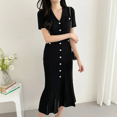 Black Knitted Ruffle Midi Dress Elegant Summer Style
