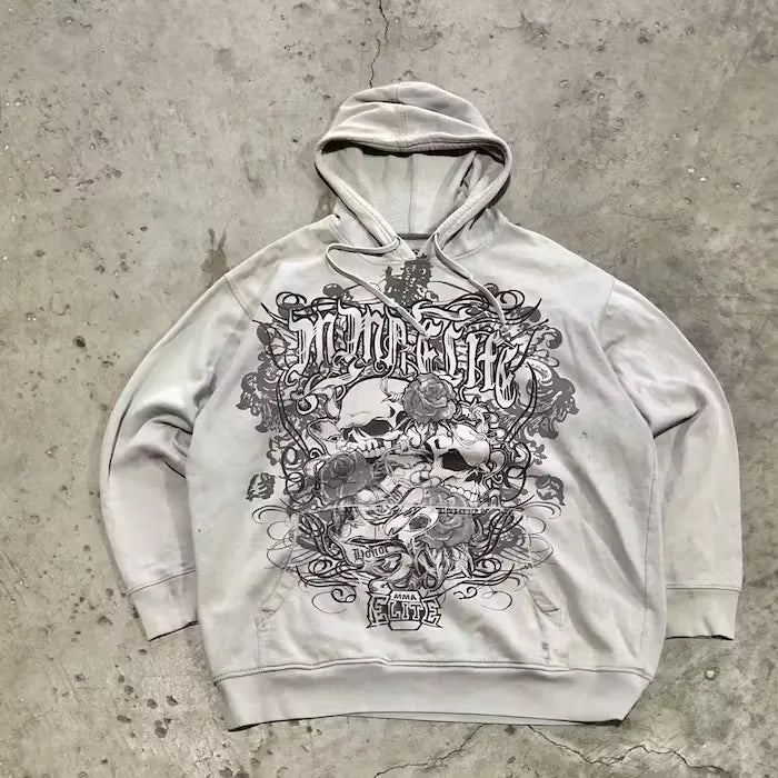 Retro Skull Print Streetwear Pullovers Y2K Gothic Loose Sweatshirts