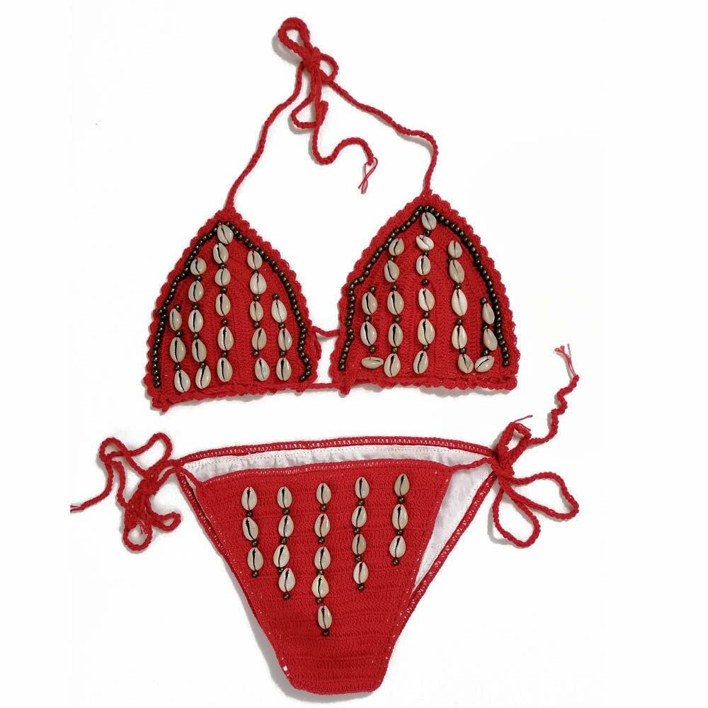 Bikini Triangle Mini Solid Crochet Swimsuit Women Beads