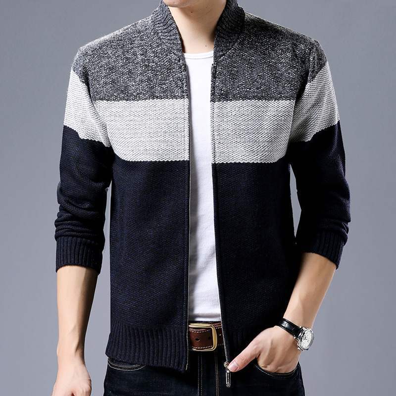 Spring Winter Cardigan Single-Breasted Fashion Sweater Stitching Colorblock Stand Collar Coats Jackets