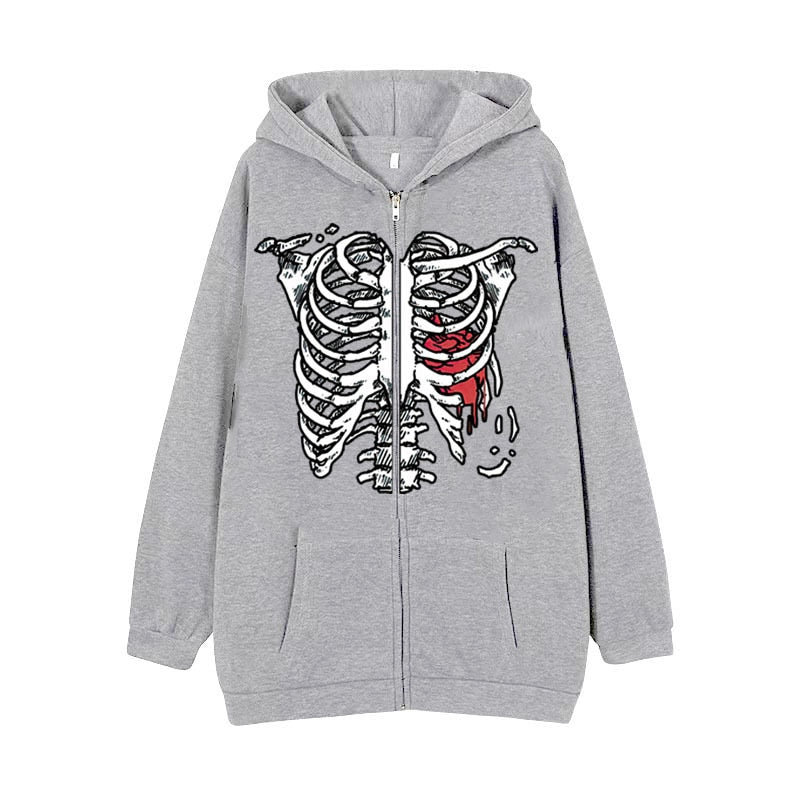 Y2K Dark Skull Skeleton Zip Up Hoodie Men's Oversized Jackets, Gothic Couple's Harajuku Fashion Sweatshirt
