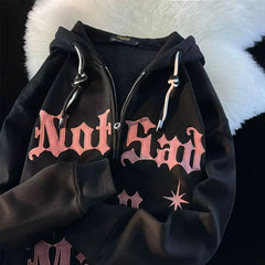 Retro Printed Zip Hoodie Women Thickened Casual Winter Top