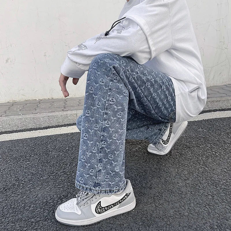 Mens 2024 New Straight Lift Pattern Loose Wide Leg Jeans