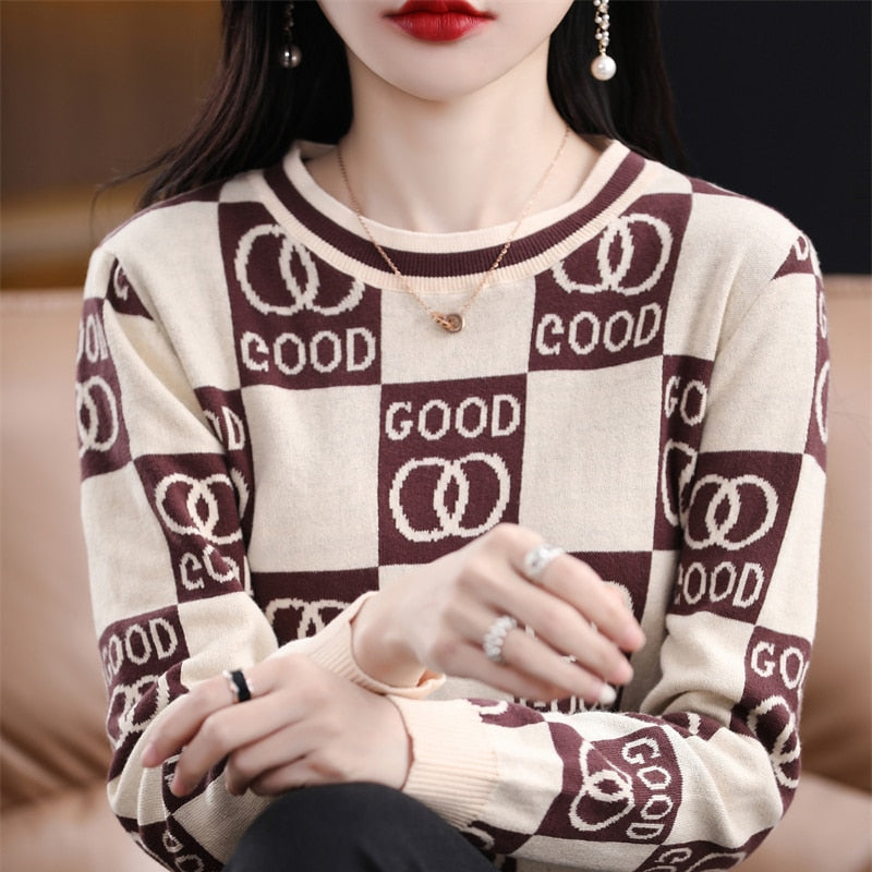 Sweater Women Cotton Round Neck Pullover Loose Long-Sleeved Ladies Top Knit Bottoming Shirt