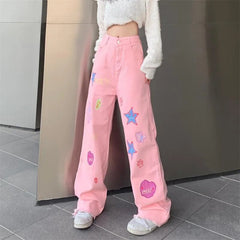 Japanese Inspired Cartoon Jeans for Women: High Waist, Wide-leg Fashion, Ideal for Spring and Summer