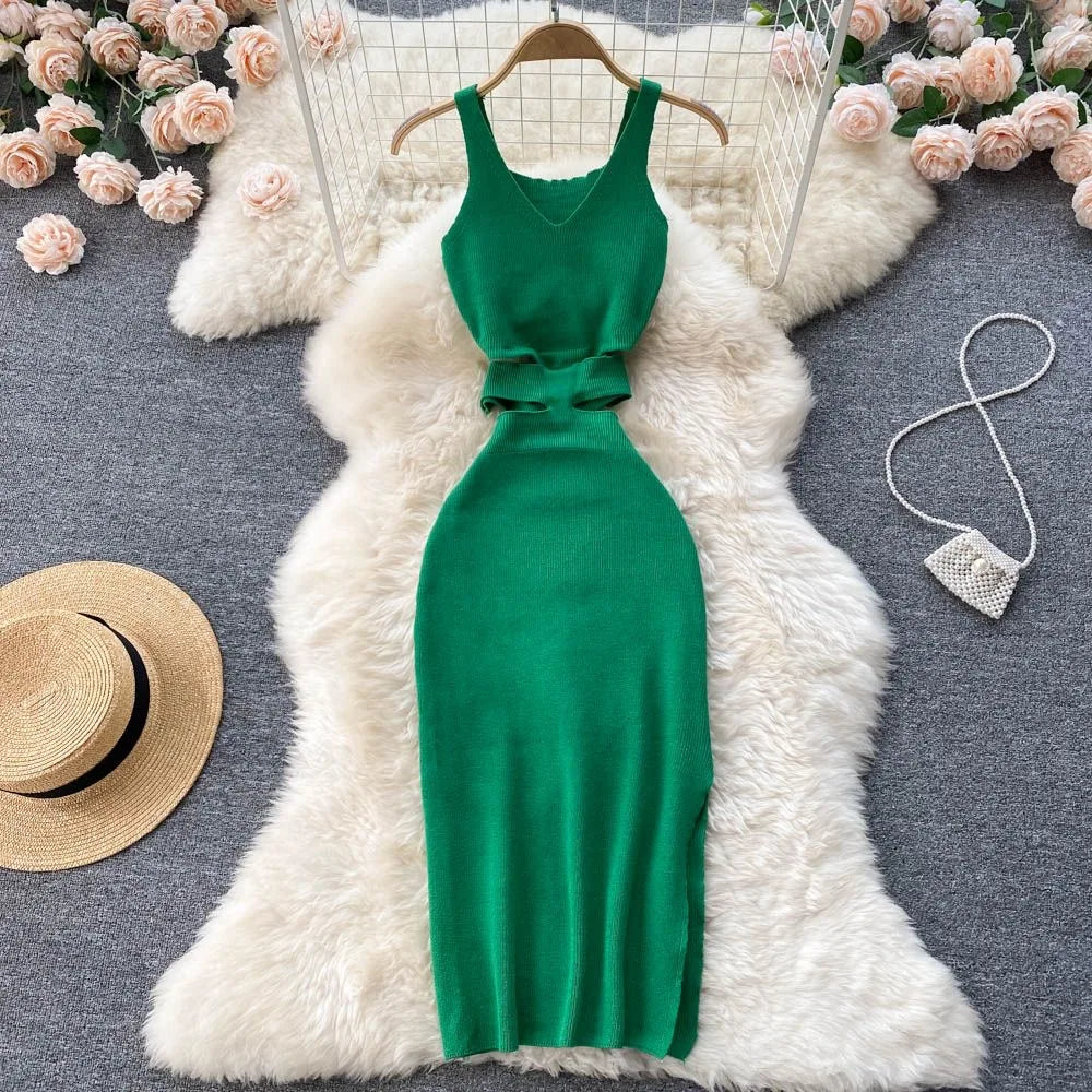 Hips Split Bodycon Dress Summer Fashion Lady Knitted Party Vestidos Sundress