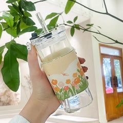 Square Glass Cup with Lid and Straw Heat Resistant for Juice