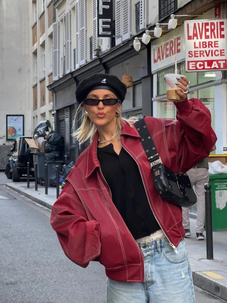 Contrast Stitching Red Jacket Fashion Lapel Long Sleeve Zippered Leather Coat