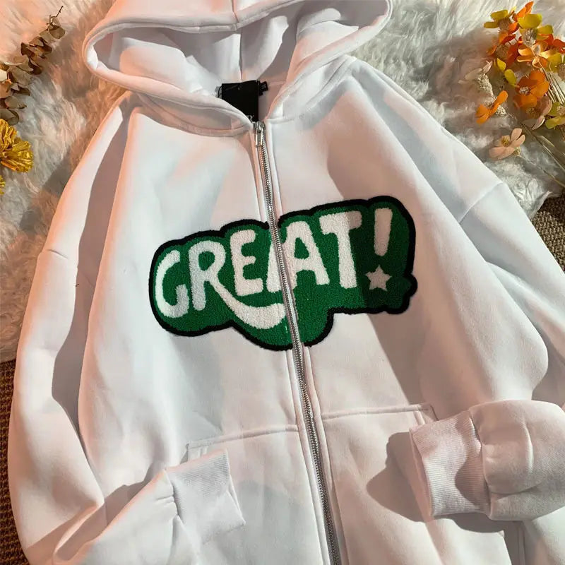 Retro Velvet Letter Print Hoodie Y2K Harajuku Zip Jacket for Women