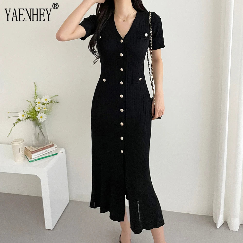 Black Knitted Ruffle Midi Dress Elegant Summer Style