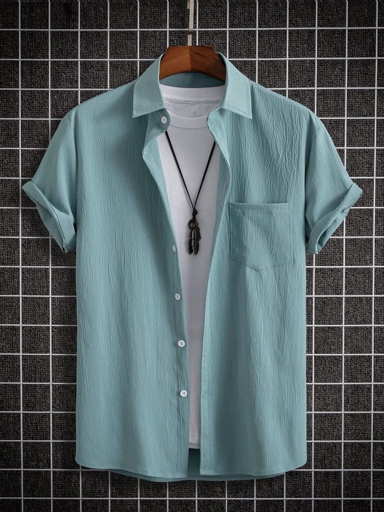 Men's Solid Textured Short Sleeve Button-up Shirt: Summer Streetwear Casual Tops with Turn-down Collar