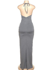 Ruched Halter Maxi Backless Dress