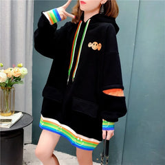 2023 Autumn Winter Korean Fashion Women Hooded Patchwork Drawstring Hoodies