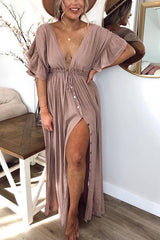 Button Drawstring Waist Bat Maxi Cover Dress