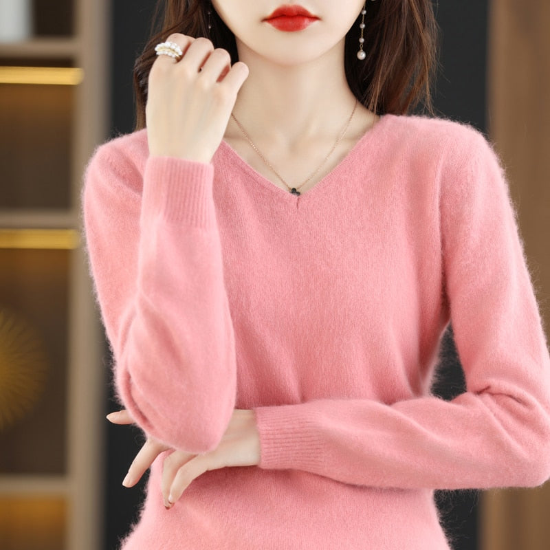 Sweater woman V-Neck Knitted Pullover Mink Cashmere Jumper Female  Soft Super Warm Sweater