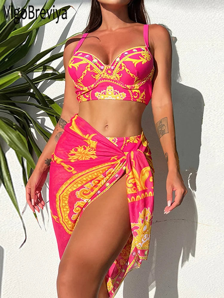 Print 3-Piece High Waist Skirt Bikini Set