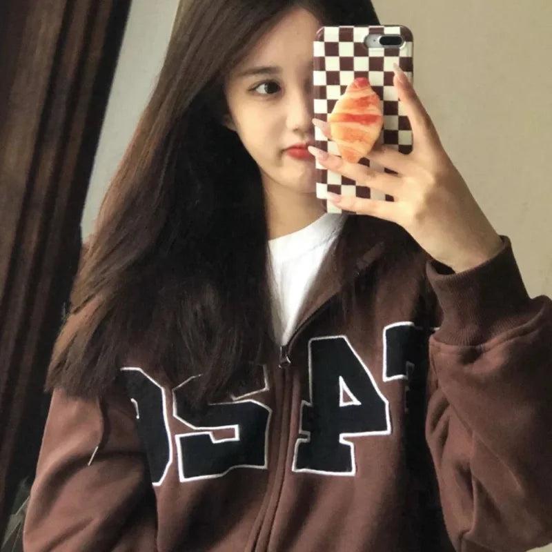 Zip Up Casual Hoodies Women Fleece Letter Print