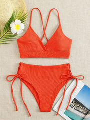 Cikini V-Neck Lace Up Bikini - Solid Color Swimwear