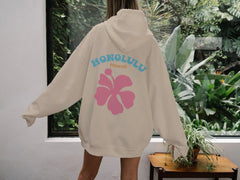 Honolulu Hawaii Pink Flower Design Hoodie For Woemn Fashion Street Style Pullover