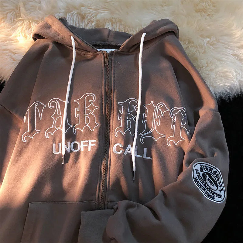 Women's Retro Oversized Loose Zipper Hoodie for Autumn and Winter - Letter Embroidery Pattern
