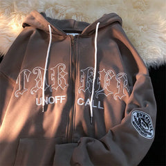 Women's Retro Oversized Loose Zipper Hoodie for Autumn and Winter - Letter Embroidery Pattern