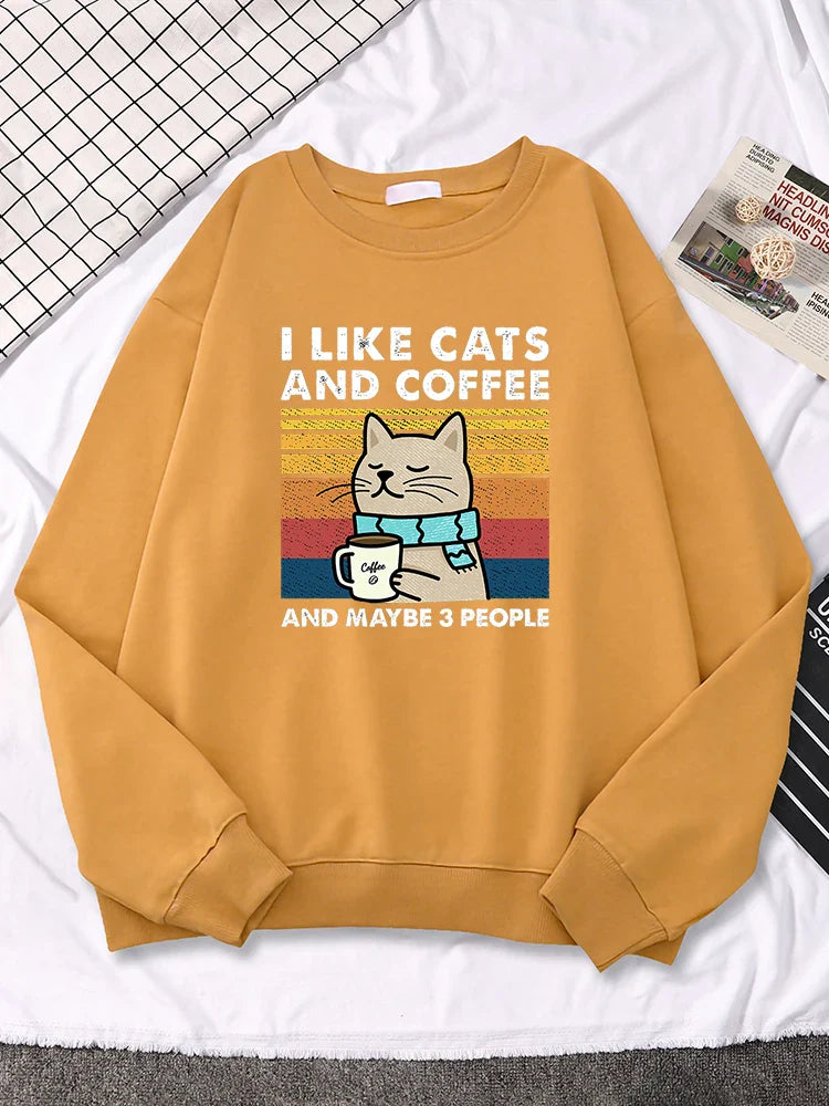 I Like Cats And Coffee Printed Female Pullover Autumn Fleece Sweatshirts