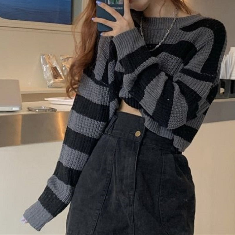 Sweater Korean Style Women Vintage Oversize Long Sleeve O-neck Pullovers Tops