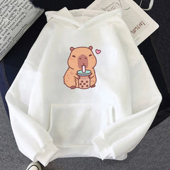 Capybara Loves Drinking Bubble Tea Hoodies Cartoon Women/Men Graphic Poster Sweatshirts Long Sleeve Winter Fleece Pullovers Cute