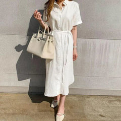 Summer Cotton and Linen Long Dress Polo Neck