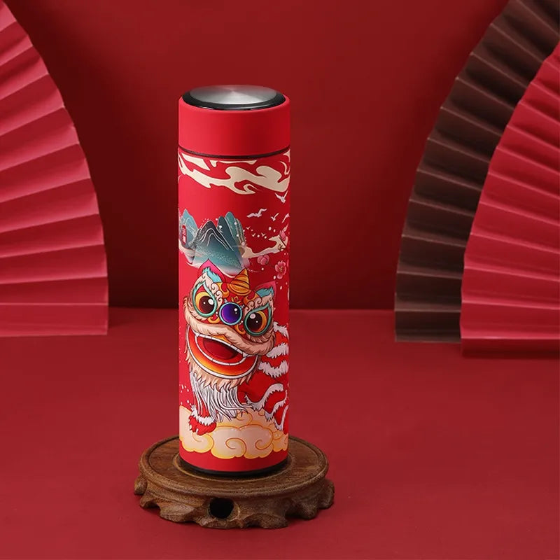 Lion & Dragon Design Smart Thermos Cup: 304 Stainless Steel and China-Chic Style (Red)