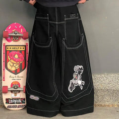 Classic Retro Black Print Pattrern Women Fashion Baggy Jeans