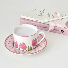 INS Wind Pink Tulip Ceramic Coffee Cup Dish Set Duplex French