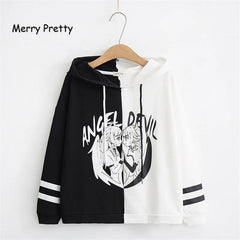 Cute Kawaii Women's Hooded Sweatshirt: Lovely Patchwork Pullover