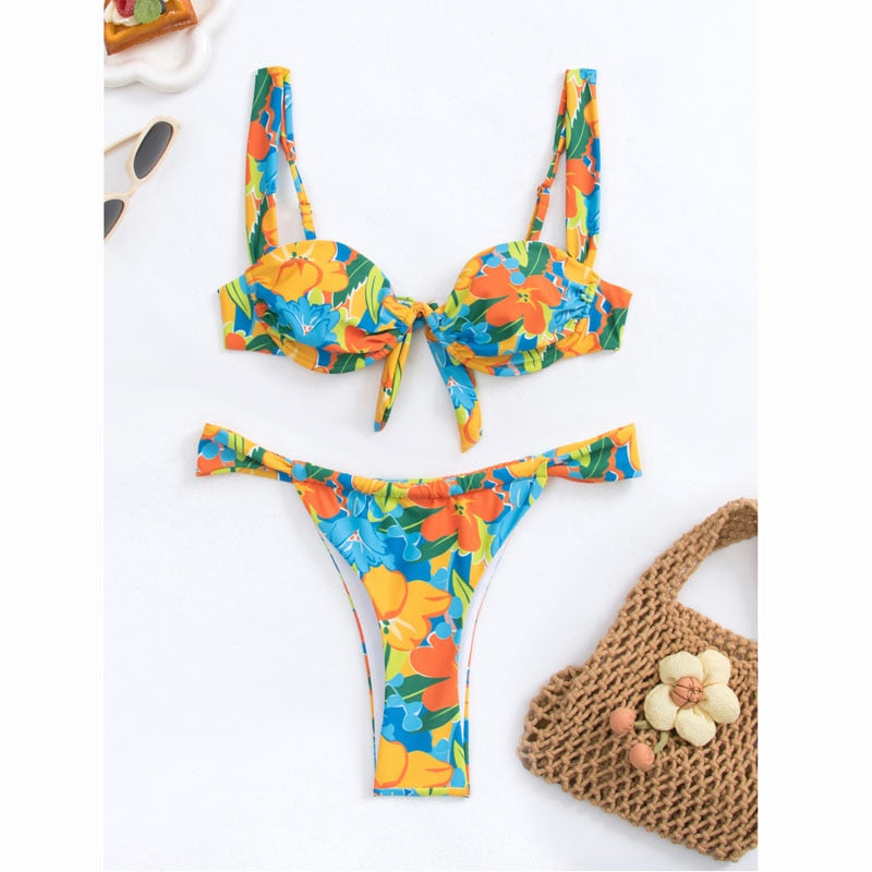 Bikinis with Underwire Sexy String Thong Swimsuit Womens Swimwear Floral