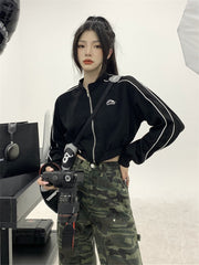 Hoodie Women Vintage Korean Fashion Striped Black Jackets Female Kpop