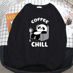 CCoffee And Chill Kawaii Panda Print Hoodie Soft Fleece Pullover Loose Warm