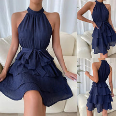 Ruffle Design Dress Halter Neck Dress Casual Sweet Style Dress Grace Sleeveless