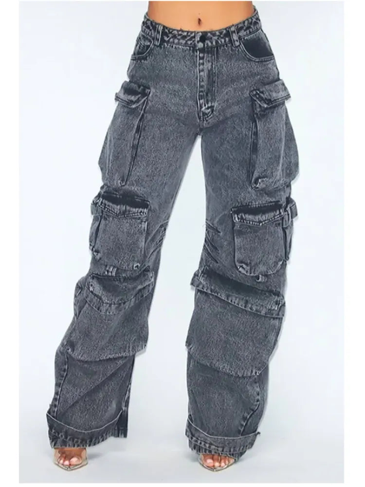 Y2K Plus-Size Tooling Jeans American Trend Multi-Pocket Straight and Loose Fit
