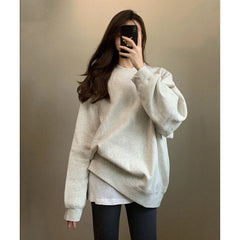 Sweater Round Neck Solid Color Korean Version Baggy Plush Thick Pullover Top Without