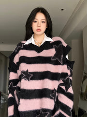 Punk Gothic  Furry Knitted Sweaters Y2K Streetwear Loose Hollow Out Detachable Pullovers Harajuku