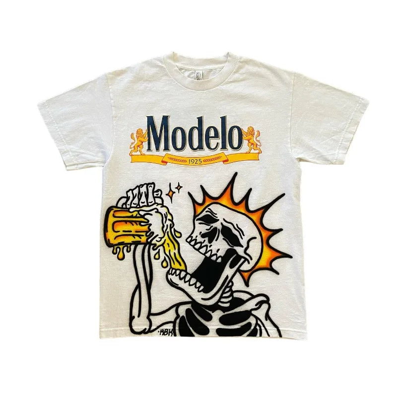 Y2k American High Street Retro Fashion Oversized T-shirt Men Skull Alphabet Print