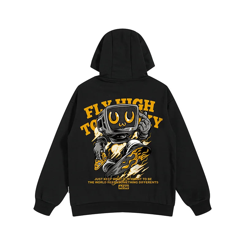 Autumn Skateboard Robot Print Fleece Hip Hop Fashion Pocket Hoodies Y2K Streetwear