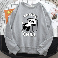 CCoffee And Chill Kawaii Panda Print Hoodie Soft Fleece Pullover Loose Warm