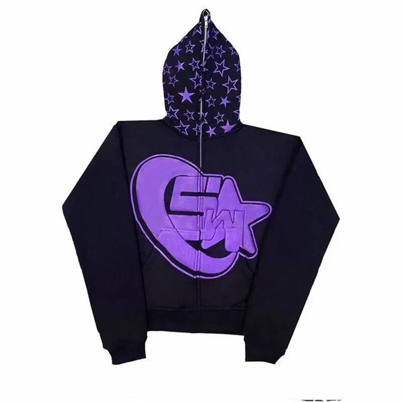 Street Trend Vintage Star Print Zip Hoodie Men Y2K Harajuku