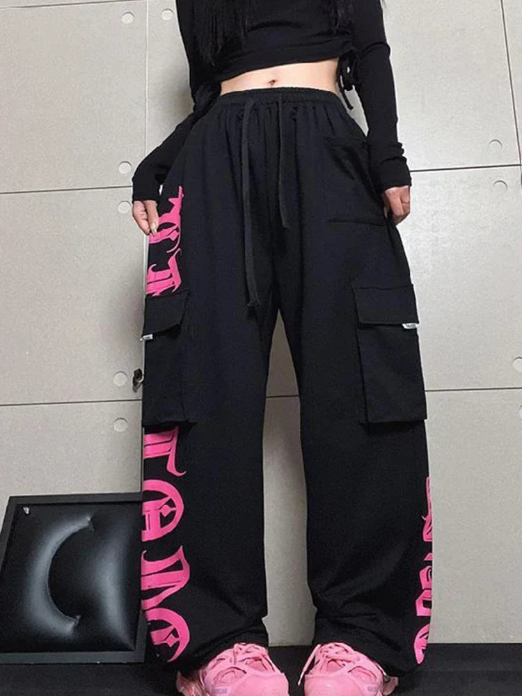 Y2K Cargo Retro Pink Printed Trousers Street Hip Hop Loose Casual Harajuku
