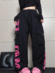 Y2K Cargo Retro Pink Printed Trousers Street Hip Hop Loose Casual Harajuku